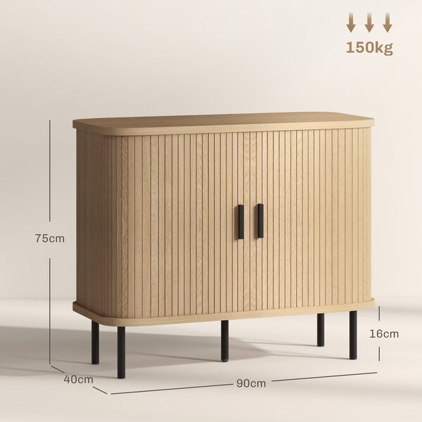 HOMCOM Mid-Century Modern Sideboard Storage Cabinet with Slatted Tambour Sliding Doors, Kitchen Cabinet with Steel Legs, Oak Tone Aosom UK