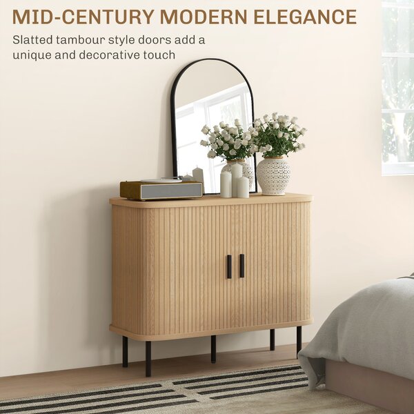 HOMCOM Mid-Century Modern Sideboard Storage Cabinet with Slatted Tambour Sliding Doors, Kitchen Cabinet with Steel Legs, Oak Tone Aosom UK