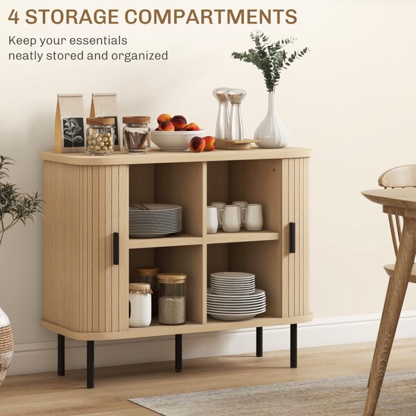 HOMCOM Mid-Century Modern Sideboard Storage Cabinet with Slatted Tambour Sliding Doors, Kitchen Cabinet with Steel Legs, Oak Tone Aosom UK