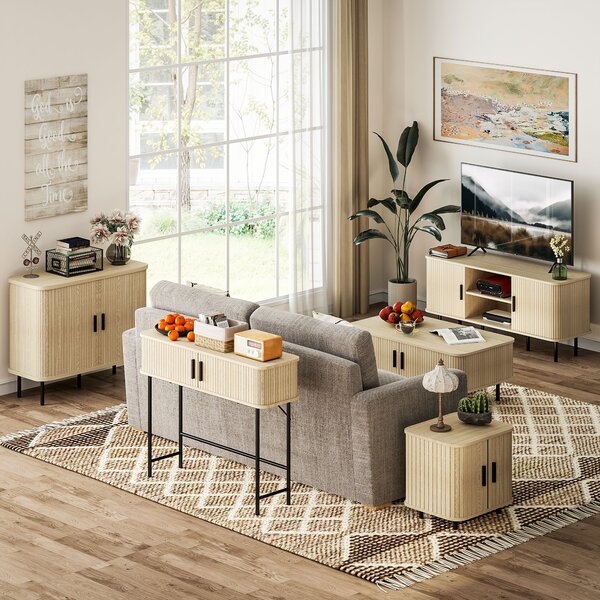 HOMCOM Mid-Century Modern Sideboard Storage Cabinet with Slatted Tambour Sliding Doors, Kitchen Cabinet with Steel Legs, Oak Tone Aosom UK