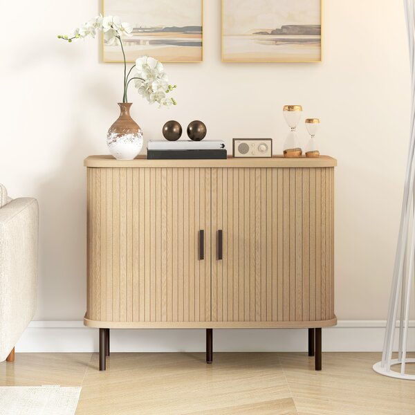 HOMCOM Mid-Century Modern Sideboard Storage Cabinet with Slatted Tambour Sliding Doors, Kitchen Cabinet with Steel Legs, Oak Tone Aosom UK