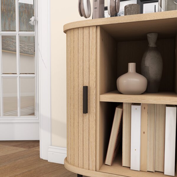 HOMCOM Mid-Century Modern Sideboard Storage Cabinet with Slatted Tambour Sliding Doors, Kitchen Cabinet with Steel Legs, Oak Tone Aosom UK