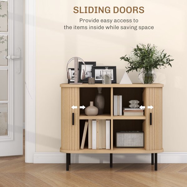 HOMCOM Mid-Century Modern Sideboard Storage Cabinet with Slatted Tambour Sliding Doors, Kitchen Cabinet with Steel Legs, Oak Tone Aosom UK