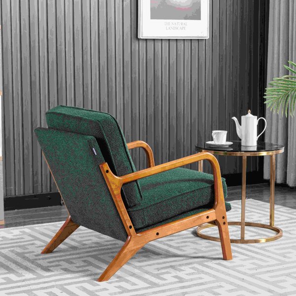 Mid-Century Modern Accent Chair with Solid Wood Frame and Soft Cushion, Armchair for Living Room, Ergonomic Design, 65x80x76 cm, Emerald Aosom.UK