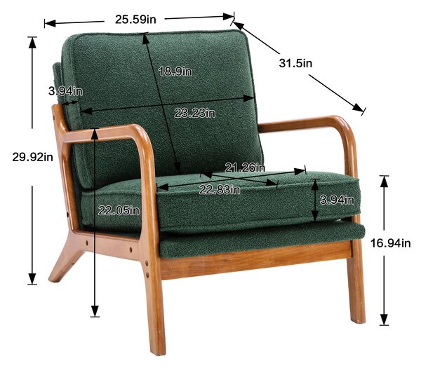 Mid-Century Modern Accent Chair with Solid Wood Frame and Soft Cushion, Armchair for Living Room, Ergonomic Design, 65x80x76 cm, Emerald Aosom.UK