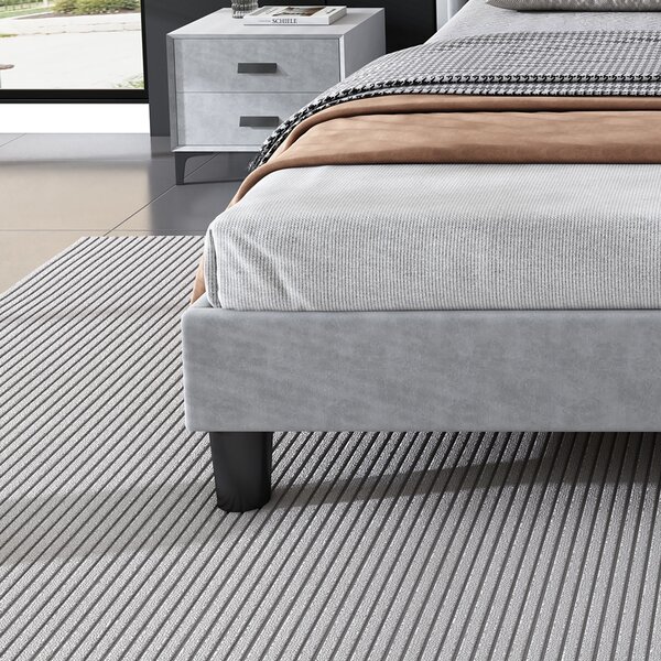 Double Velvet Upholstered Ottoman Bed with LED Light, 4 USB Ports, Lower Flap Door Storage and Soft Backrest, 204L x 140W x 107H cm, Gray Aosom.UK