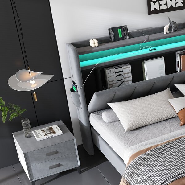 Double Velvet Upholstered Ottoman Bed with LED Light, 4 USB Ports, Lower Flap Door Storage and Soft Backrest, 204L x 140W x 107H cm, Gray Aosom.UK