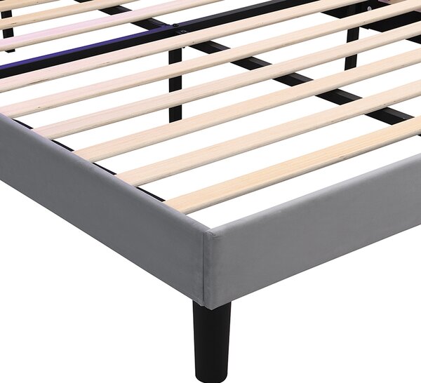 Double Velvet Upholstered Ottoman Bed with LED Light, 4 USB Ports, Lower Flap Door Storage and Soft Backrest, 204L x 140W x 107H cm, Gray Aosom.UK