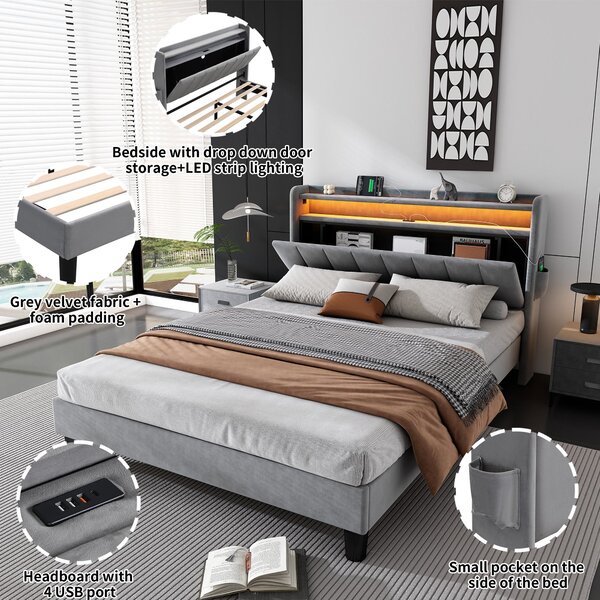 Double Velvet Upholstered Ottoman Bed with LED Light, 4 USB Ports, Lower Flap Door Storage and Soft Backrest, 204L x 140W x 107H cm, Gray Aosom.UK