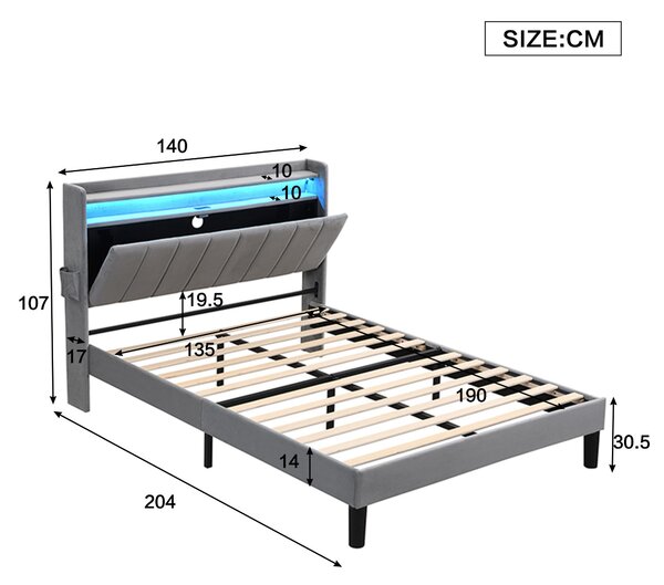 Double Velvet Upholstered Ottoman Bed with LED Light, 4 USB Ports, Lower Flap Door Storage and Soft Backrest, 204L x 140W x 107H cm, Gray Aosom.UK