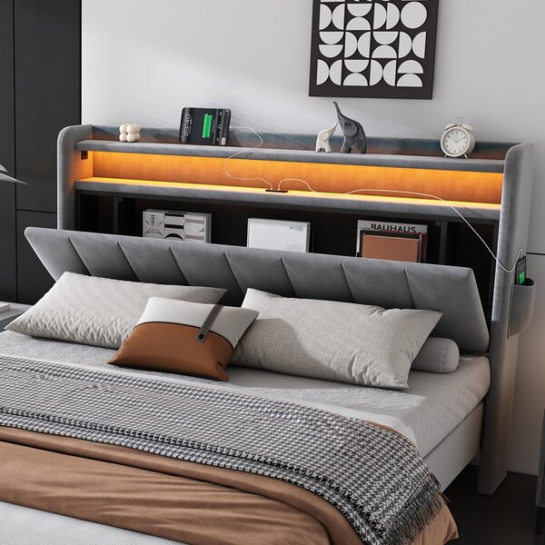 Double Velvet Upholstered Ottoman Bed with LED Light, 4 USB Ports, Lower Flap Door Storage and Soft Backrest, 204L x 140W x 107H cm, Gray Aosom.UK