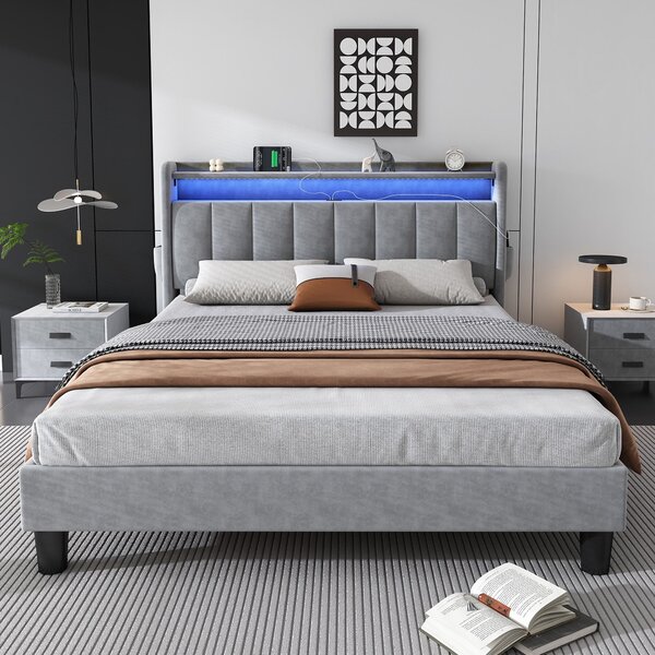 Double Velvet Upholstered Ottoman Bed with LED Light, 4 USB Ports, Lower Flap Door Storage and Soft Backrest, 204L x 140W x 107H cm, Gray Aosom.UK