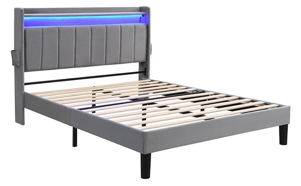 Double Velvet Upholstered Ottoman Bed with LED Light, 4 USB Ports, Lower Flap Door Storage and Soft Backrest, 204L x 140W x 107H cm, Gray Aosom.UK