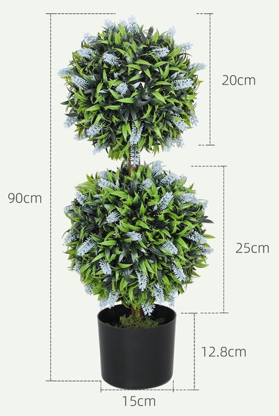 HOMCOM Set of 2 Decorative Artificial Plants Ball Trees with Lavender Flowers in Pot Fake Plants for Home Indoor Outdoor Decor, 70cm, Blue