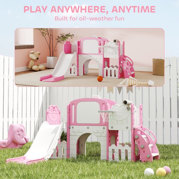 AIYAPLAY 7 in 1 Toddler Slide Set with Basketball Hoop, Climbing Frame, Telescope, Drawing Board, Storage Box, Pink