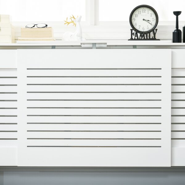 HOMCOM Set of 2 MDF Extendable Radiator Cover with Cabinet Shelving, Home Office Slatted Design, White 139-208.5L x 20.5W x 82.5H cm
