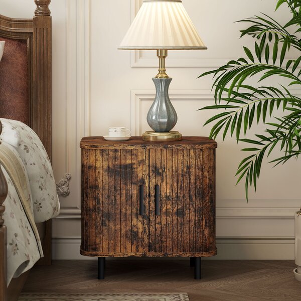 HOMCOM Bedside Table, Nordic Side Table with Roller Shutter Style Sliding Doors and Metal Legs for Bedroom, Living Room, Rustic Brown