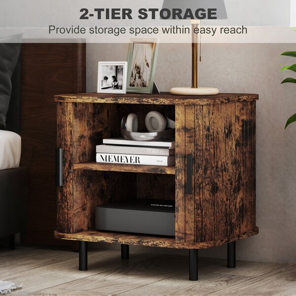 HOMCOM Bedside Table, Nordic Side Table with Roller Shutter Style Sliding Doors and Metal Legs for Bedroom, Living Room, Rustic Brown