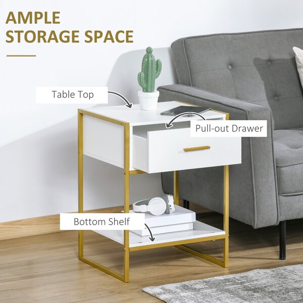 HOMCOM Bedside Table Set of 2, Modern Side Tables with Drawer and Shelf, Nightstands for Bedroom, White
