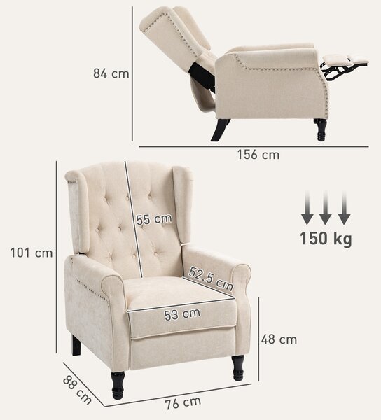 HOMCOM 150° Reclining Vintage Armchair with Footrest, Upholstered Accent Chair for Living Room or Reading Corner, Beige Aosom UK