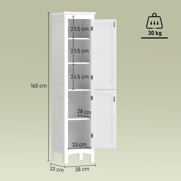 Kleankin Tall Bathroom Storage Unit, Slim Bathroom Cabinet with Adjustable Shelves and Double Door, White