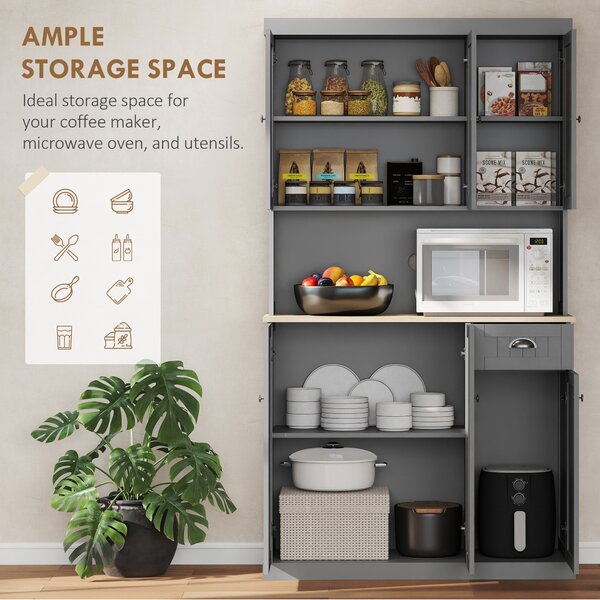 HOMCOM 180cm Kitchen Storage Cabinet, Modern Storage Cupboard with Open Countertop, Drawer and 6 Doors, Grey Aosom UK
