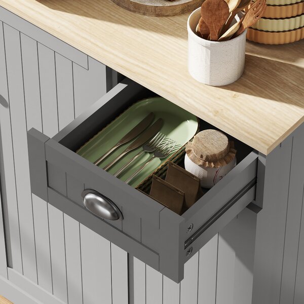 HOMCOM 180cm Kitchen Storage Cabinet, Modern Storage Cupboard with Open Countertop, Drawer and 6 Doors, Grey Aosom UK
