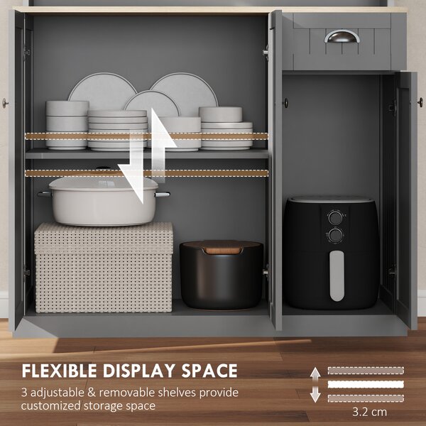 HOMCOM 180cm Kitchen Storage Cabinet, Modern Storage Cupboard with Open Countertop, Drawer and 6 Doors, Grey Aosom UK