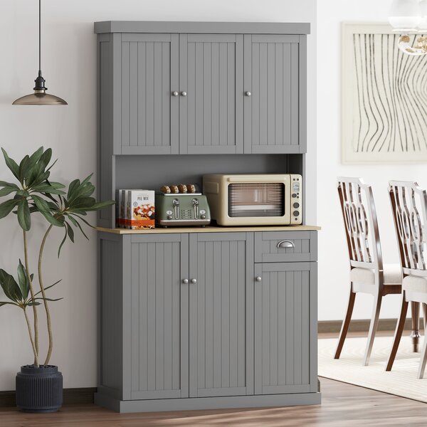 HOMCOM 180cm Kitchen Storage Cabinet, Modern Storage Cupboard with Open Countertop, Drawer and 6 Doors, Grey Aosom UK