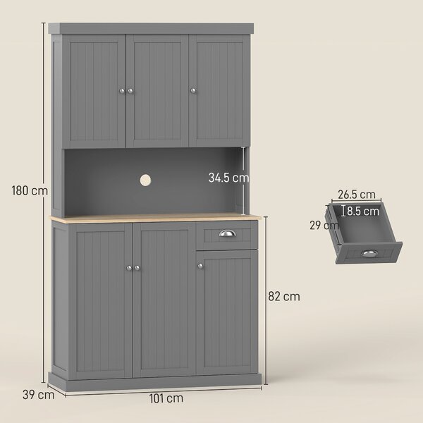 HOMCOM 180cm Kitchen Storage Cabinet, Modern Storage Cupboard with Open Countertop, Drawer and 6 Doors, Grey Aosom UK