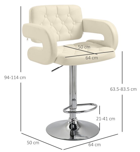 Upholstered Swivel Bar Stool, Set of 2 Height Adjustable Barstool with Back, Armrest, Footrest for Kitchen, White