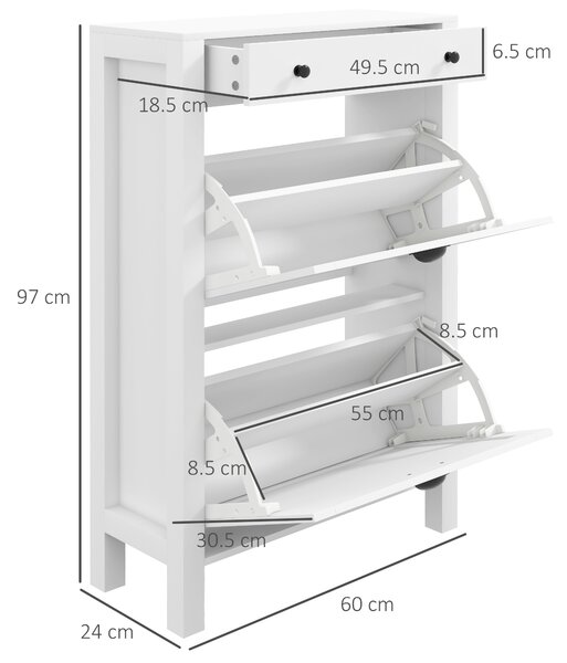 HOMCOM Narrow Shoe Cabinet with 2 Flip Drawers and Adjustable Shelves, White