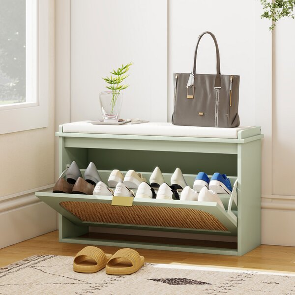 HOMCOM Hallway Shoe Storage Bench with Padded Seat & Flip Drawer, Stylish Boho Shoe Storage for Entryway, Light Green Aosom UK