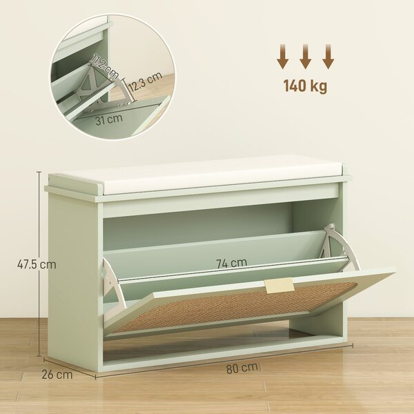 HOMCOM Hallway Shoe Storage Bench with Padded Seat & Flip Drawer, Stylish Boho Shoe Storage for Entryway, Light Green Aosom UK