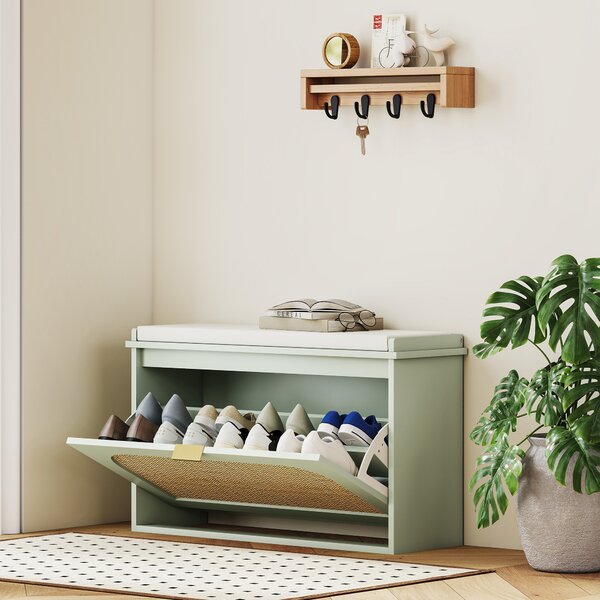 HOMCOM Hallway Shoe Storage Bench with Padded Seat & Flip Drawer, Stylish Boho Shoe Storage for Entryway, Light Green Aosom UK