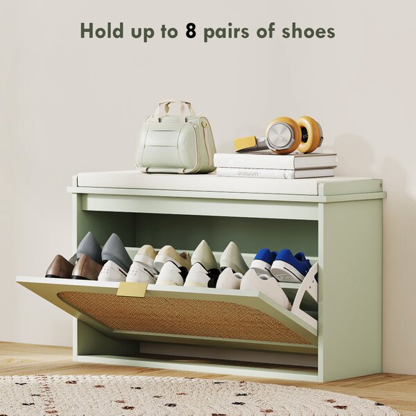 HOMCOM Hallway Shoe Storage Bench with Padded Seat & Flip Drawer, Stylish Boho Shoe Storage for Entryway, Light Green Aosom UK