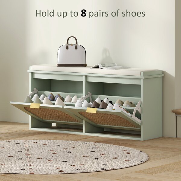HOMCOM Boho Shoe Bench with Padded Seat and 2 Flip-Drawers - Light Green