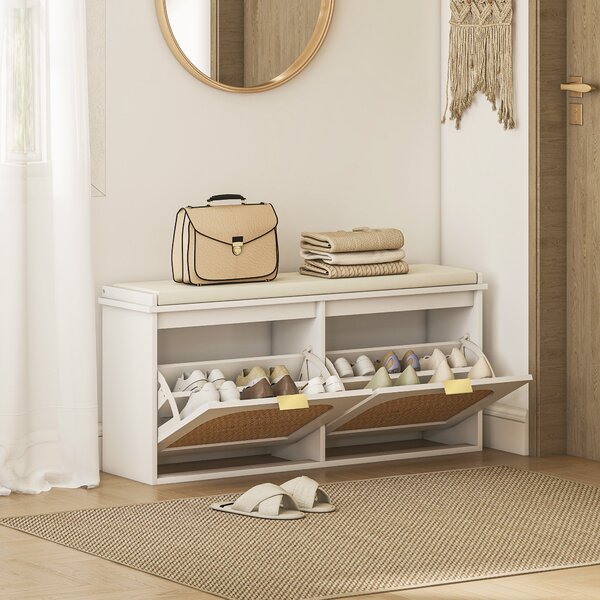 HOMCOM Hallway Shoe Storage Bench with Padded Seat and 2 Flip Drawers, Modern Storage Solution for Hallway & Entryway, White Aosom UK