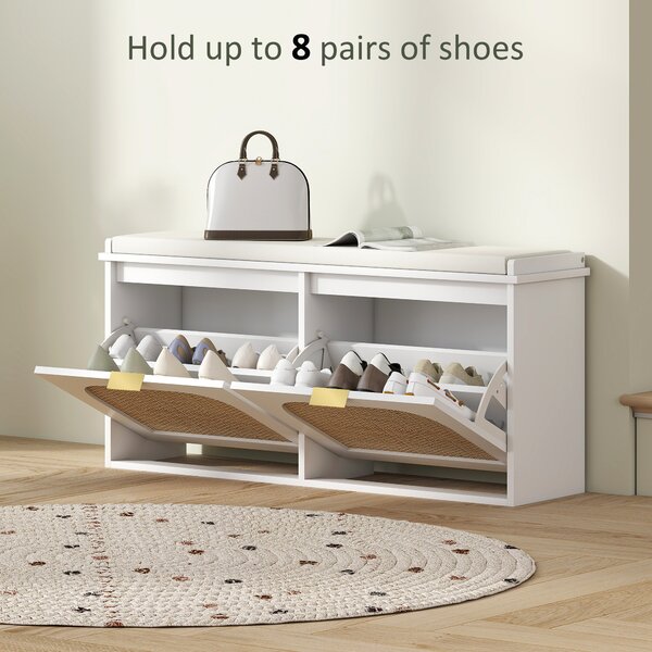 HOMCOM Hallway Shoe Storage Bench with Padded Seat and 2 Flip Drawers, Modern Storage Solution for Hallway & Entryway, White Aosom UK