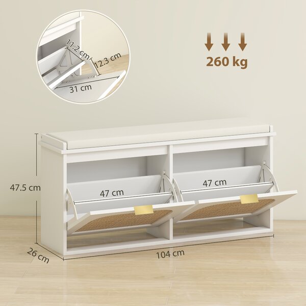 HOMCOM Hallway Shoe Storage Bench with Padded Seat and 2 Flip Drawers, Modern Storage Solution for Hallway & Entryway, White Aosom UK
