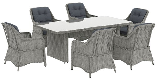 Outsunny 6 Seater Rattan Dining Set, Round PE Rattan Garden Furniture Set with Seat and Back Cushions, Aluminium Dining Table and Chairs with Cat Scratch Resistant Material, Grey
