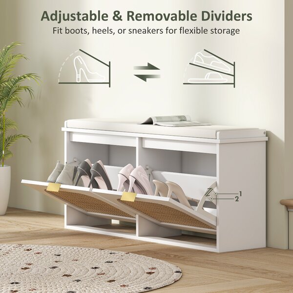 HOMCOM Hallway Shoe Storage Bench with Padded Seat and 2 Flip Drawers, Modern Storage Solution for Hallway & Entryway, White Aosom UK