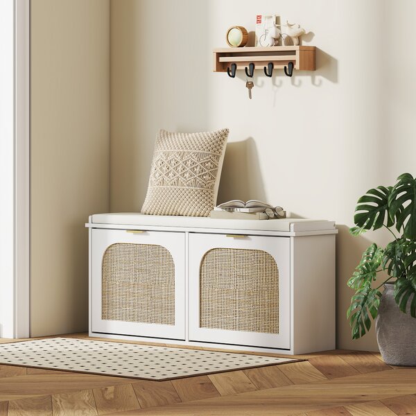HOMCOM Hallway Shoe Storage Bench with Padded Seat and 2 Flip Drawers, Modern Storage Solution for Hallway & Entryway, White Aosom UK