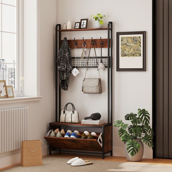 HOMCOM 5-In-1 Industrial-Style Hallway Tree - Brown/Black