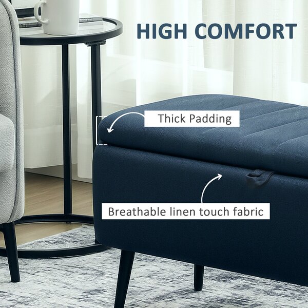 HOMCOM 92 x 31cm Linen-Look Storage Ottoman - Dark Blue