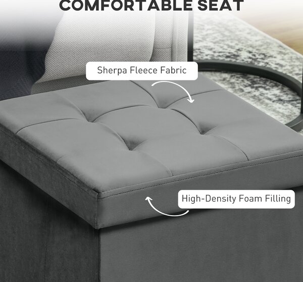 HOMCOM Foldable Velvet-Feel Storage Ottoman - Grey