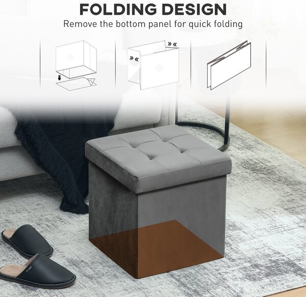 HOMCOM Foldable Velvet-Feel Storage Ottoman - Grey