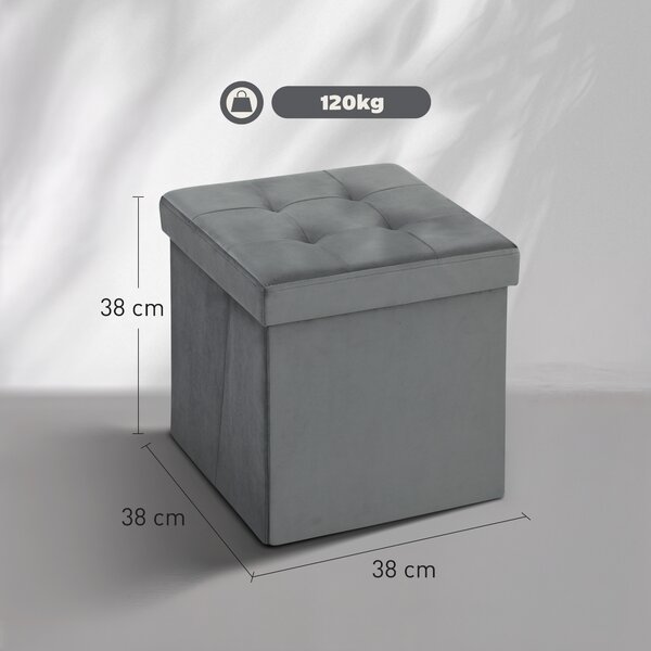 HOMCOM Foldable Velvet-Feel Storage Ottoman - Grey