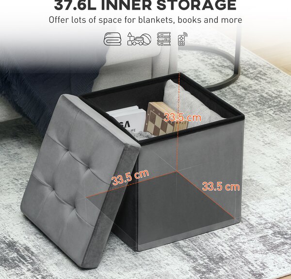 HOMCOM Foldable Velvet-Feel Storage Ottoman - Grey