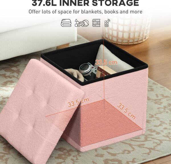 HOMCOM Foldable Sherpa Fleece Storage Ottoman - Pink